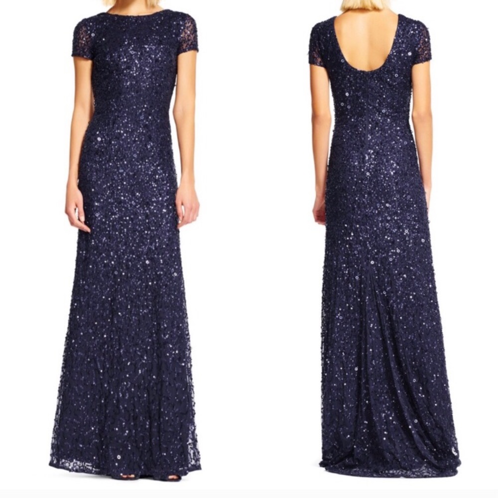Adrianna Papell navy sequin scoop back dress